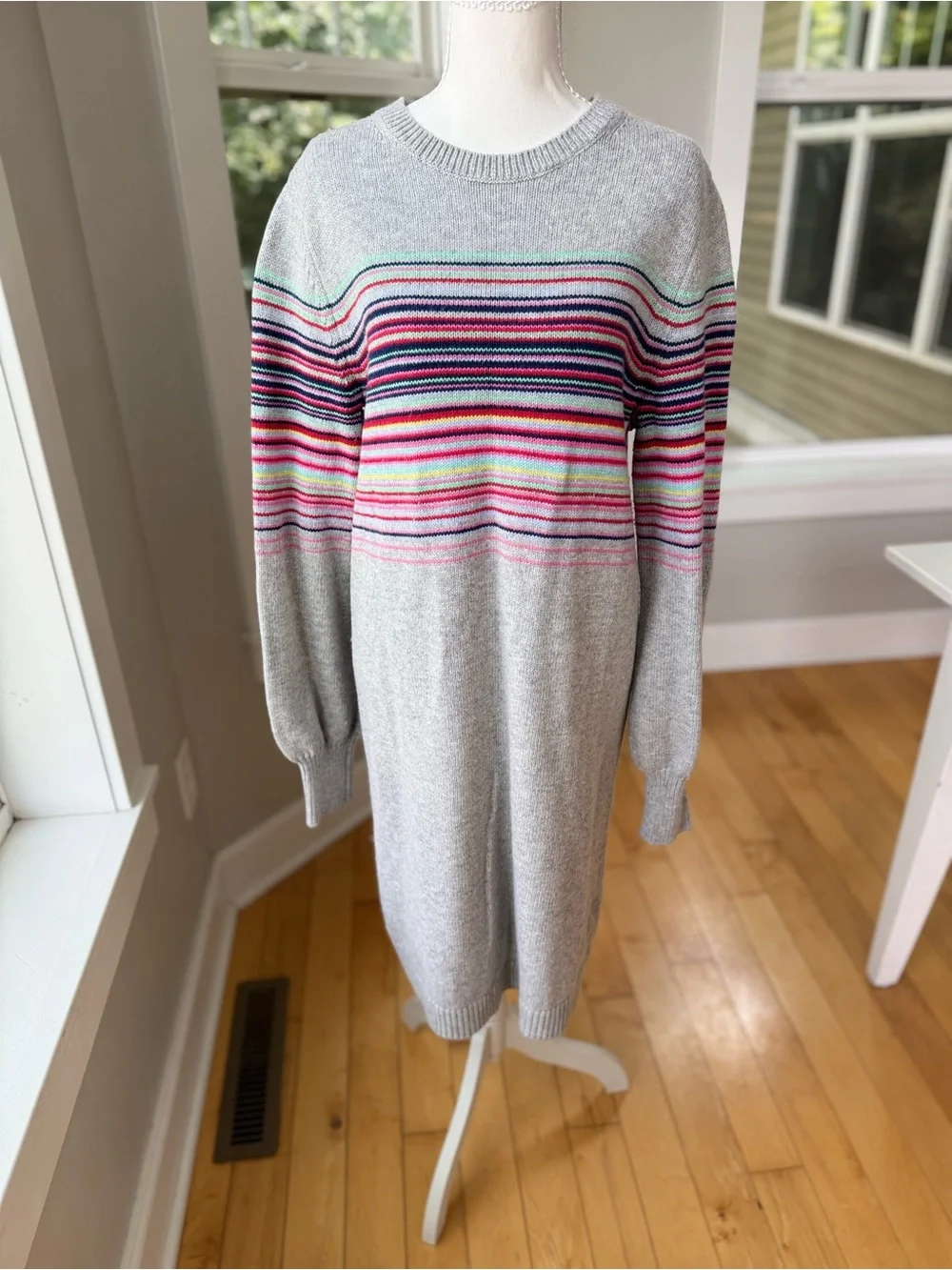 GAP Light Gray Crewneck Merino Wool Sweater Dress Multicolor Stripes Large Tall